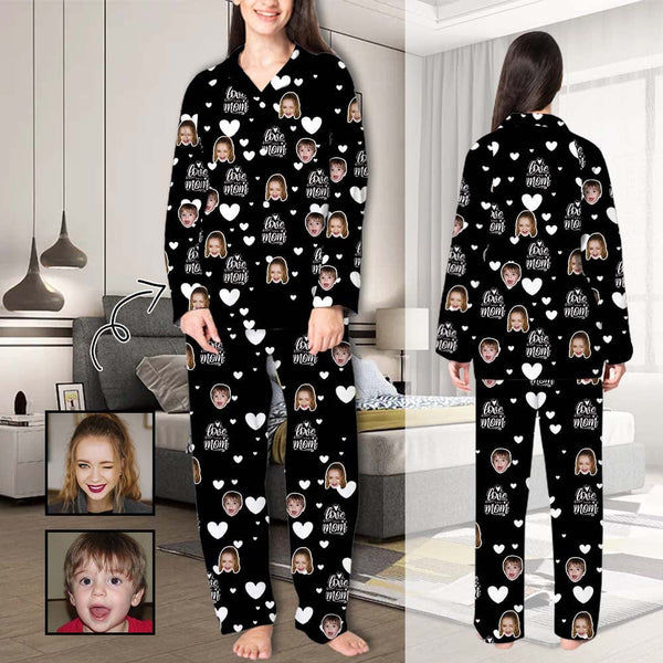 FacePajamas 387520921847 Custom Face Pajama Sets White Hearts Love Mom Women's Nightwear for Mother's Day & Birthday Gift