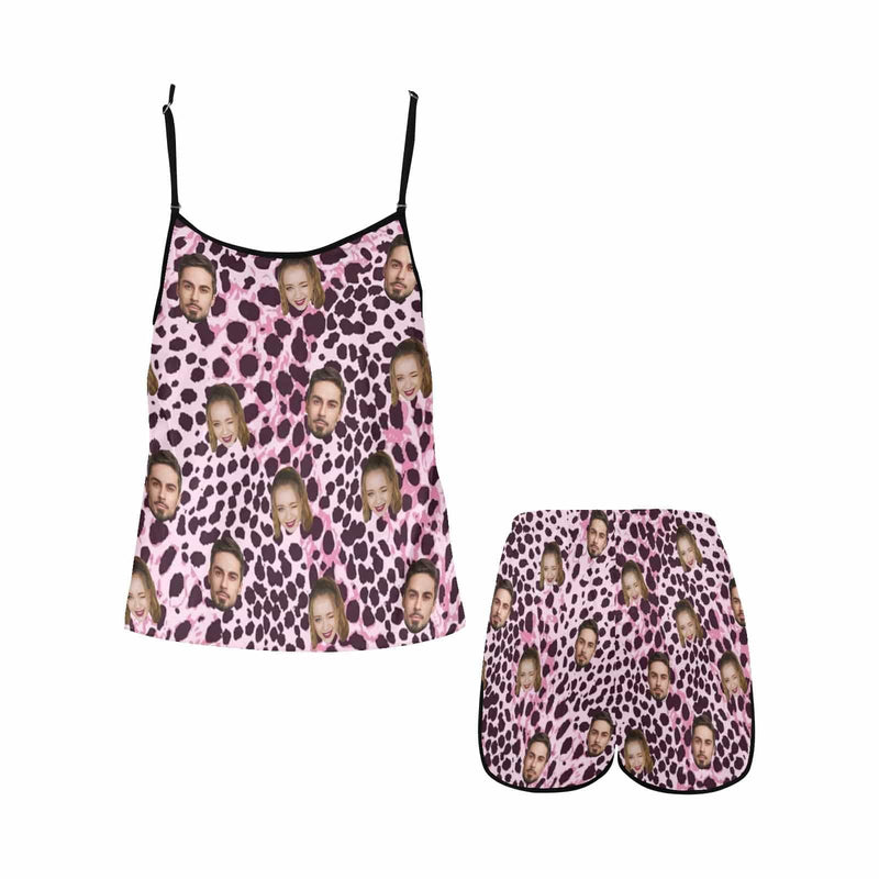 FacePajamas Custom Face Pajamas for Women Pink Leopard Print Sleepwear Personalized Women's Sexy Cami Pajamas Set