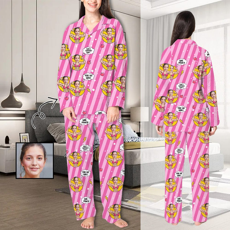 FacePajamas Custom Face Pajamas Girl Power Girls Support Girls Sleepwear Personalized Women's Long Pajama Set