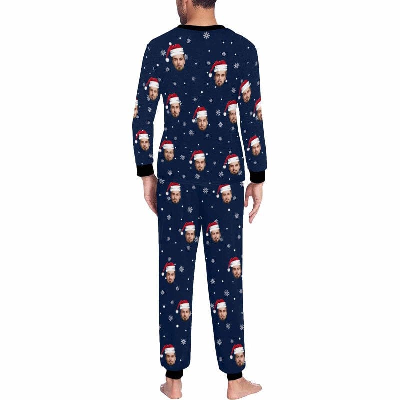 FacePajamas Pajama Custom Face Pajamas Personalized Christmas Hats and Snowflakes Men's Crew Neck Long Sleeve Pajama Set
