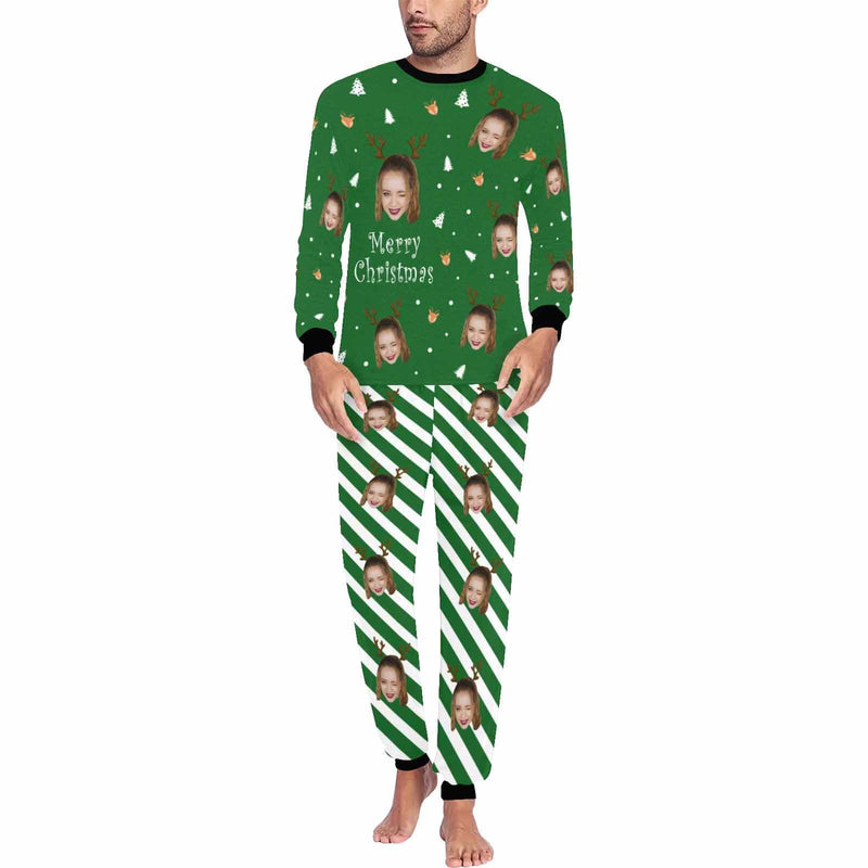 FacePajamas Pajamas Custom Face Pajamas Personalized Christmas Trees and Antlers Men's Crew Neck Long Sleeve Pajama Set