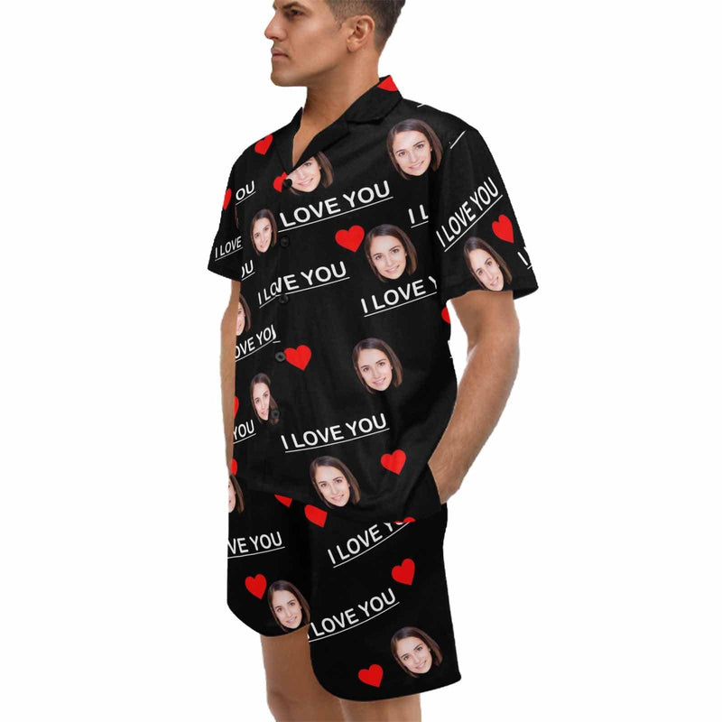 FacePajamas Pajama Custom Face Pajamas Personalized I Love You Men's V-Neck Short Sleeve Pajama Set Valentines Day Gift