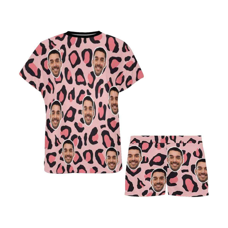 FacePajamas Pajama Custom Face Pajamas Pink Leopard Sleepwear Personalized Women's Short Pajama Set