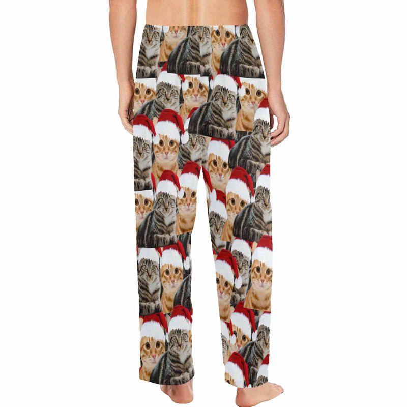 FacePajamas Pajama Shirt&Pants Custom Face Pet Cat Christmas Red Hat Sleepwear Personalized Women's&Men's Slumber Party Long Pajama Pants
