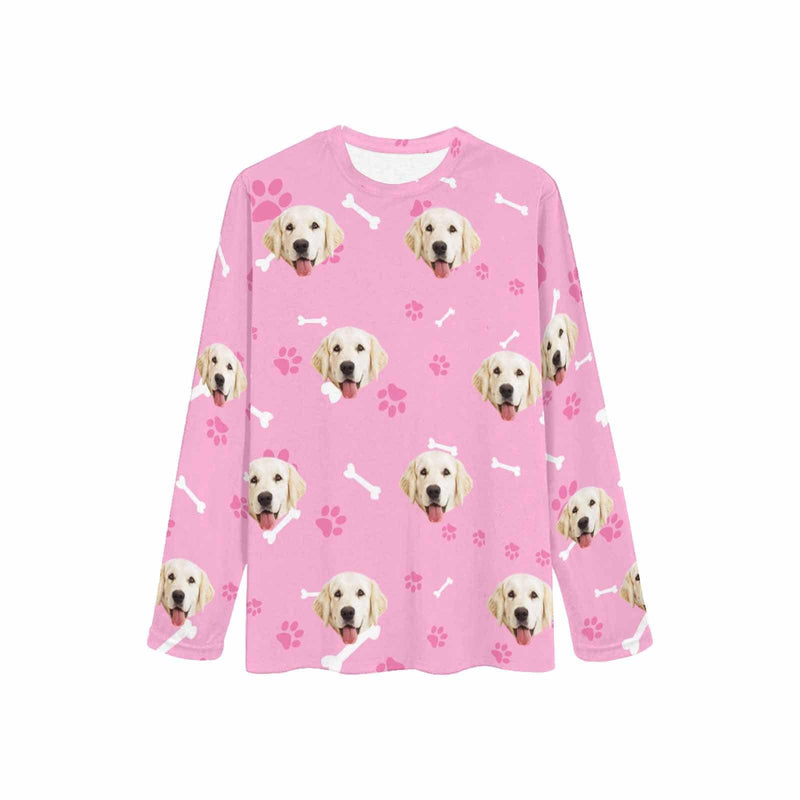 FacePajamas Pajama Shirt&Pants Custom Face Pet Dog Bone Pink Long Pajama Shirt&Pants Personalized Women's Slumber Party Sleepwear