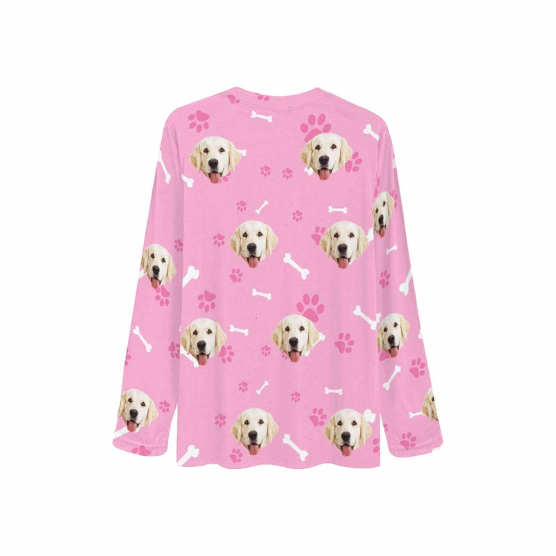 FacePajamas Pajama Shirt&Pants Custom Face Pet Dog Bone Pink Long Pajama Shirt&Pants Personalized Women's Slumber Party Sleepwear
