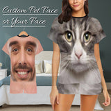 FacePajamas Pajama Custom Face Pet Pajamas Gray Cute Kitty Loungewear Personalized Photo Women's Short Pajama Set
