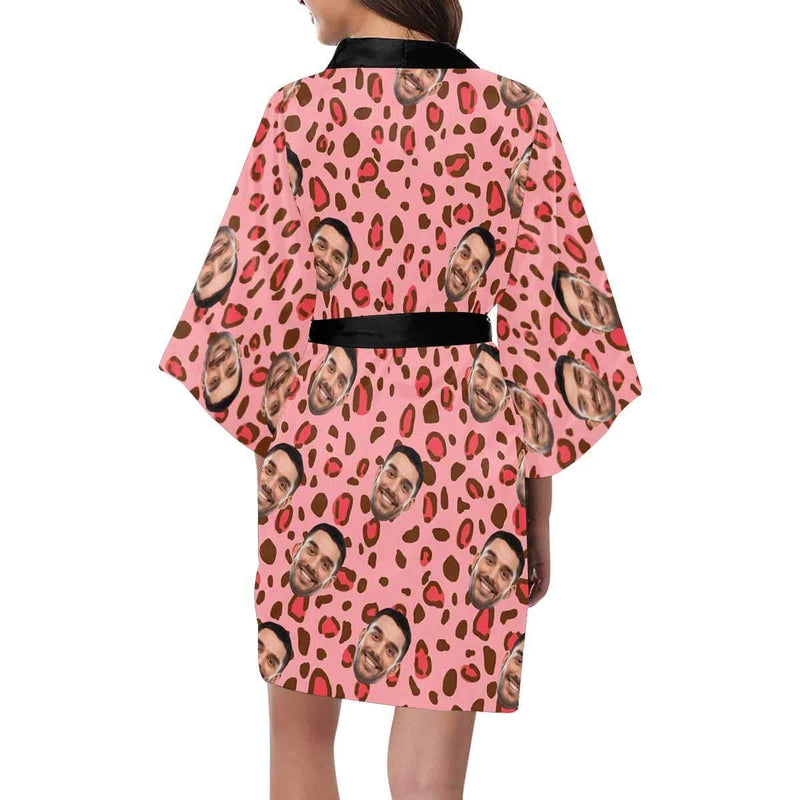 FacePajamas Pajama Custom Face Pink Leopard Print Women's Summer Short Nightwear Funny Personalized Photo Pajamas Kimono Robe