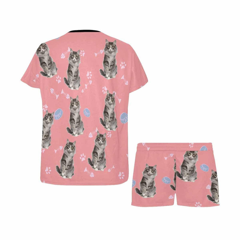 FacePajamas Pajama Custom Face Pink Short Pajamas Paw Print Kitty Loungewear Personalized Pet Women's Short Pajama Set