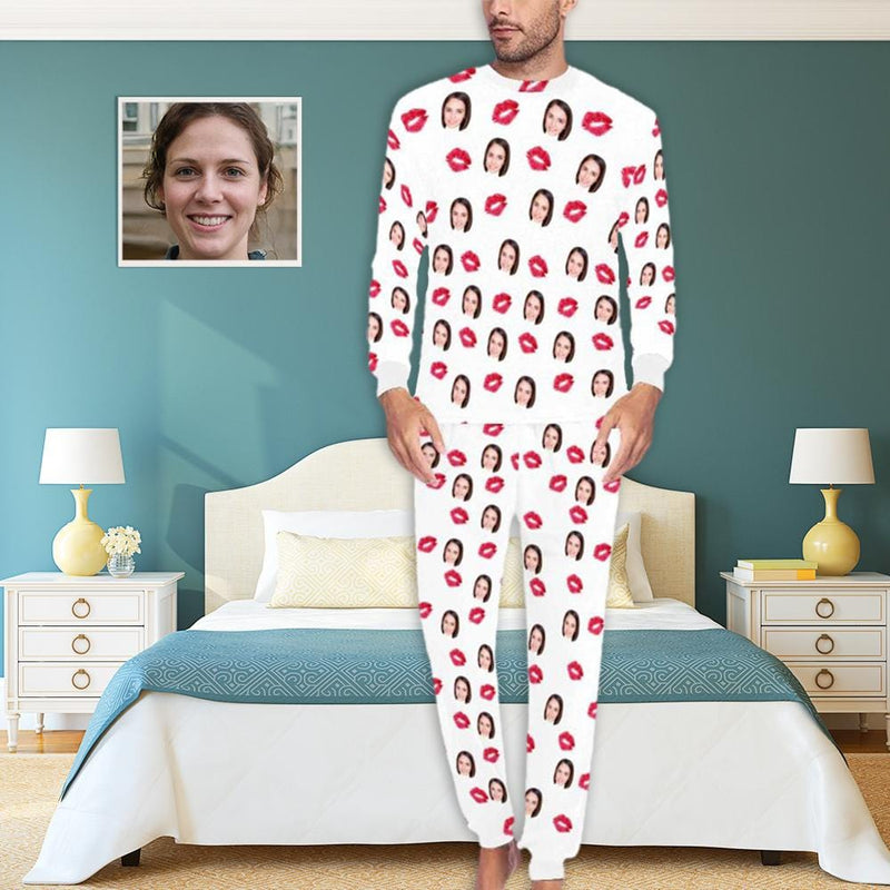 FacePajamas Pajama Custom Face Red Lips All Over Print Pajama Set&Couple Matching Pajamas Personalized Photo Pajama Set Sleepwear