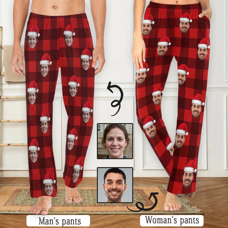 FacePajamas Pajama Shirt&Pants Custom Face Red Plaid Christmas Hat Sleepwear Personalized Women's&Men's Slumber Party Long Pajama Pants