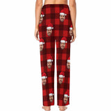 FacePajamas Pajama Shirt&Pants Custom Face Red Plaid Christmas Hat Sleepwear Personalized Women's&Men's Slumber Party Long Pajama Pants