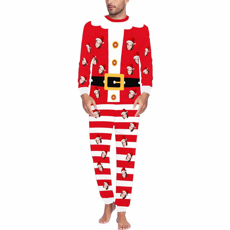 FacePajamas Pajama Custom Face Red White Stripes Christmas Santa Claus Sleepwear Personalized Men's All Over Print Pajama Set