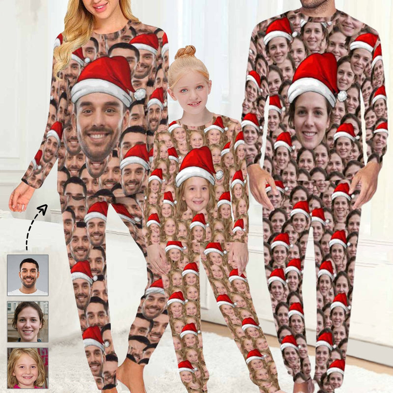 FacePajamas Pajama Custom Face Seamless Christmas Hat Sleepwear Personalized Family Slumber Party Matching Long Sleeve Pajamas Set