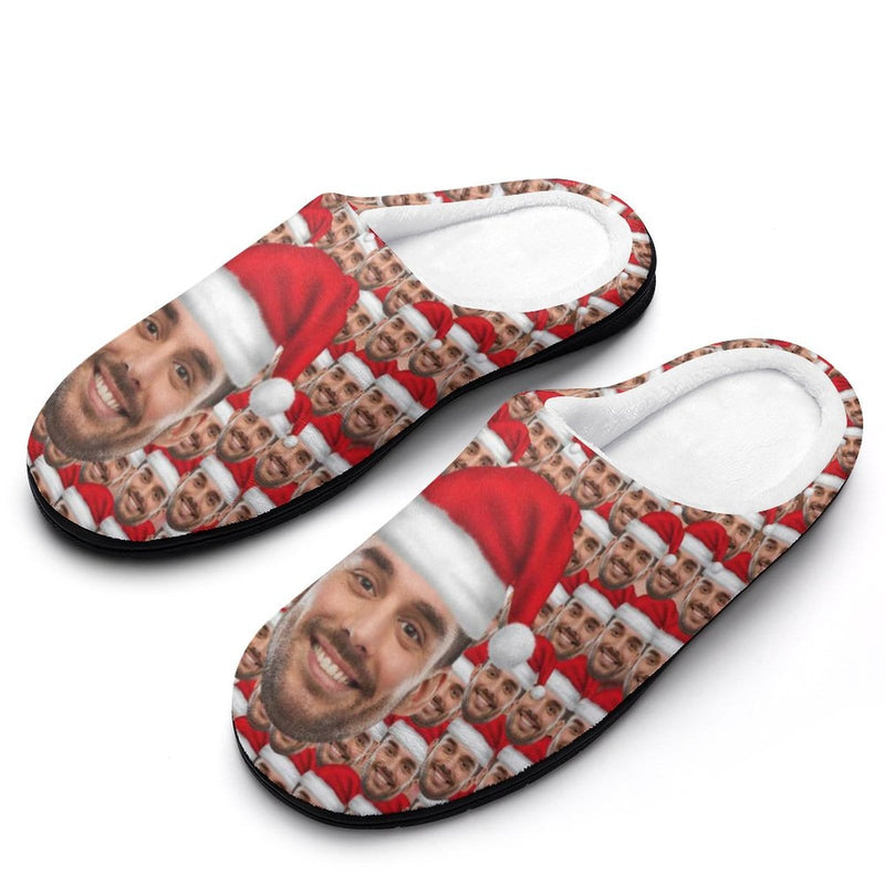 FacePajamas Slippers-2YX-SDS Custom Face Seamless Photo Christmas Hat Men's All Over Print Cotton Slippers