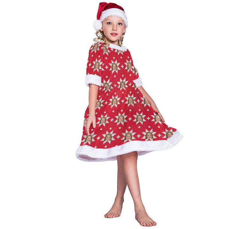 FacePajamas Christmas Dress-2ML-SDS Custom Face Snowflake Red Background Chrismas Nightdress Personalized Christmas Dress Pajamas For Girls
