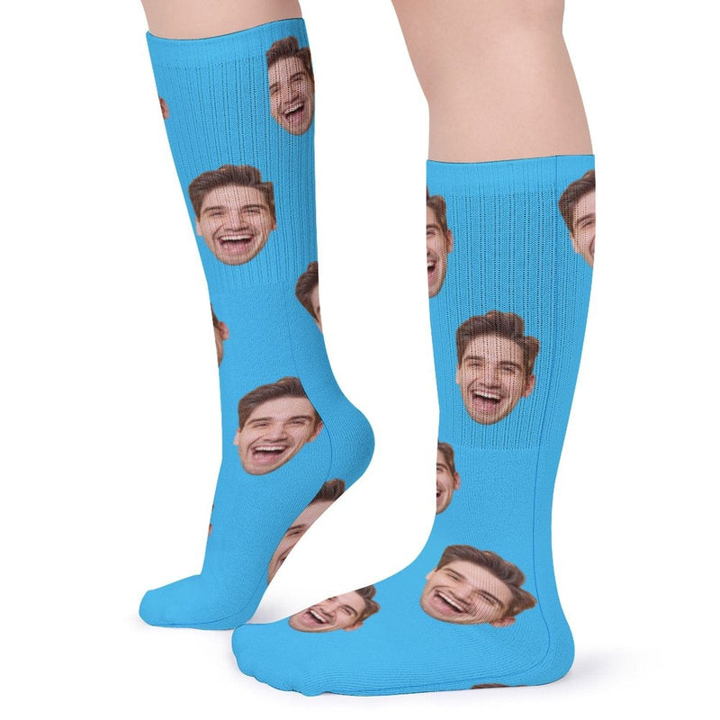 FacePajamas Sublimated Crew Socks-2WH-SDS Custom Face Sublimated Crew Socks Blue Background Socks Personalized Funny Photo Socks Gift