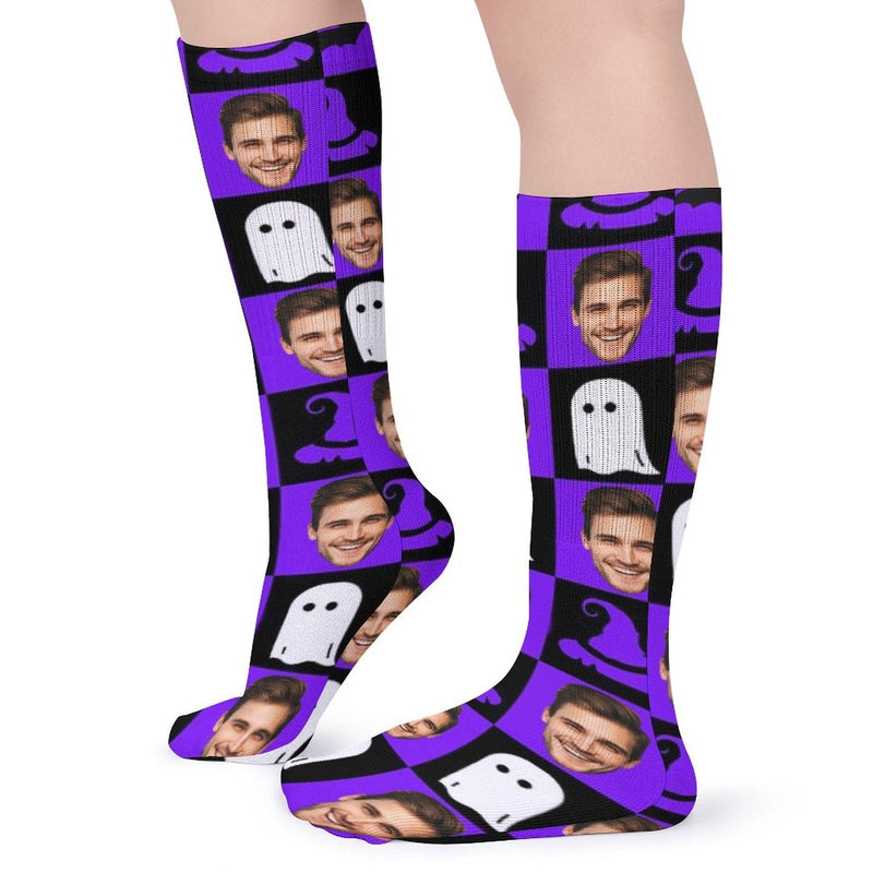 FacePajamas Sublimated Crew Socks-2WH-SDS Custom Face Sublimated Crew Socks Purple Socks Personalized Funny Photo Socks Gift for Halloween