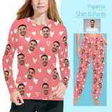FacePajamas Pajama Shirt&Pants Custom Face White Heart Pink Long Pajama Shirt&Pants Personalized Women's Slumber Party Sleepwear