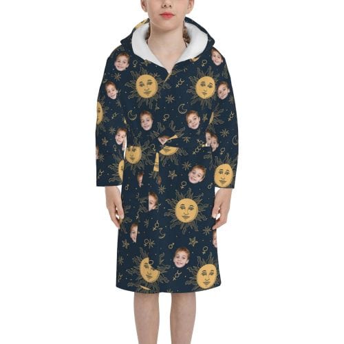 FacePajamas Pajama-2YX-ZW Custom Face Yellow Sun Hooded Bathrobe Toddler Robe Personalized Kid's Robe Pajama Fleece Loungewear