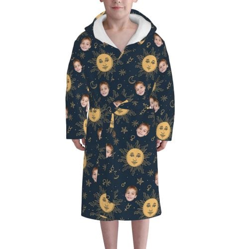 FacePajamas Pajama-2YX-ZW Custom Face Yellow Sun Hooded Bathrobe Toddler Robe Personalized Kid's Robe Pajama Fleece Loungewear