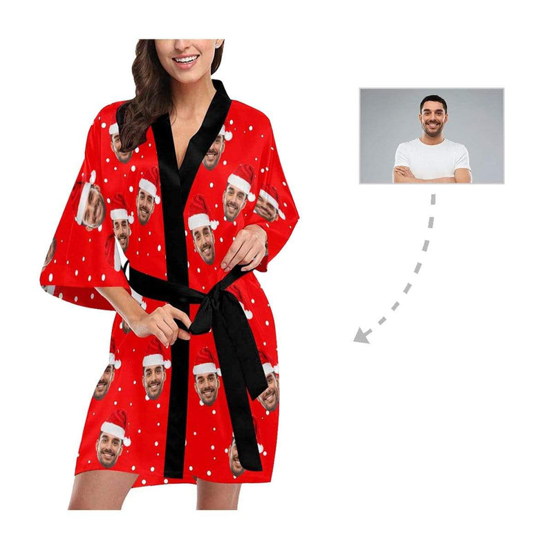 FacePajamas Pajama Custom Husband Face Christmas Hat Red Women's Short Pajamas Funny Personalized Photo Pajamas Kimono Robe