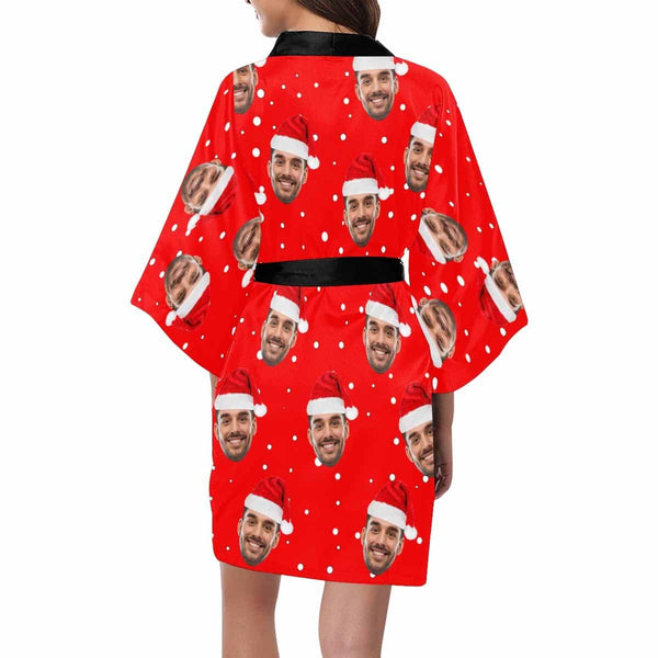 FacePajamas Pajama Custom Husband Face Christmas Hat Red Women's Short Pajamas Funny Personalized Photo Pajamas Kimono Robe