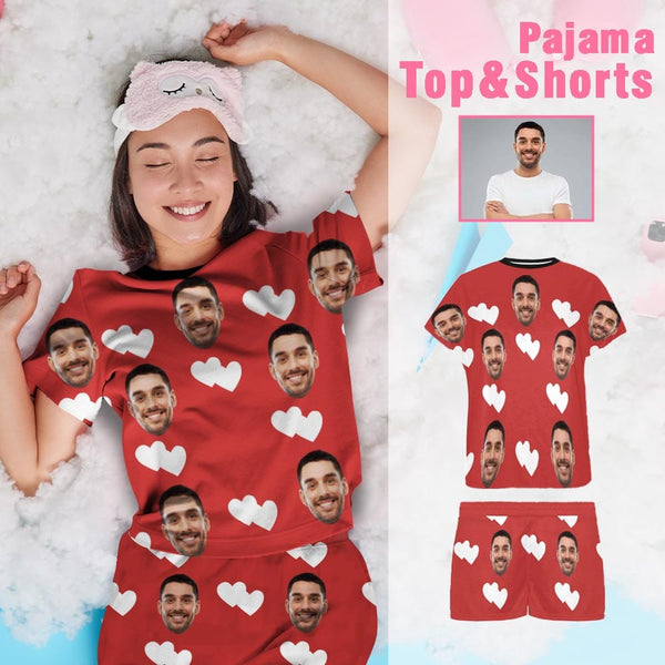 FacePajamas Pajama Shirt&Pants Custom Husband Face Heart Red Background Sleepwear Personalized Photo Women's Pajama T-Shirt&Shorts&Pants Free Match