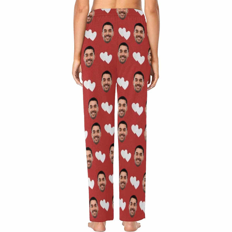 FacePajamas Pajama Shirt&Pants Custom Husband Face Heart Red Background Sleepwear Personalized Photo Women's Pajama T-Shirt&Shorts&Pants Free Match