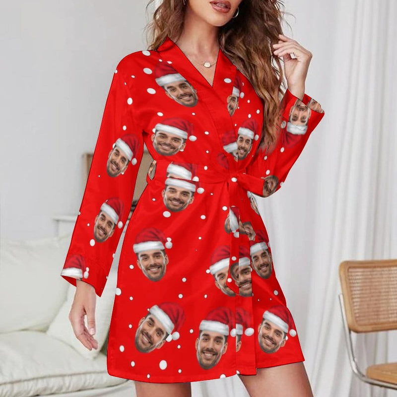 FacePajamas Pajama-2YX-SDS Custom Husband Face Red Christmas Hat Women's Long Pajamas Funny Personalized Photo Pajamas Kimono Robe