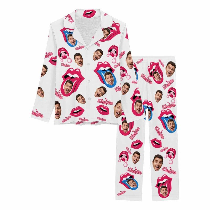 FacePajamas Pajama Custom My Boyfriend Face Pajamas Kiss Me Rosy Lips Funny Mouth Sleepwear Personalized Women's Long Pajama Set