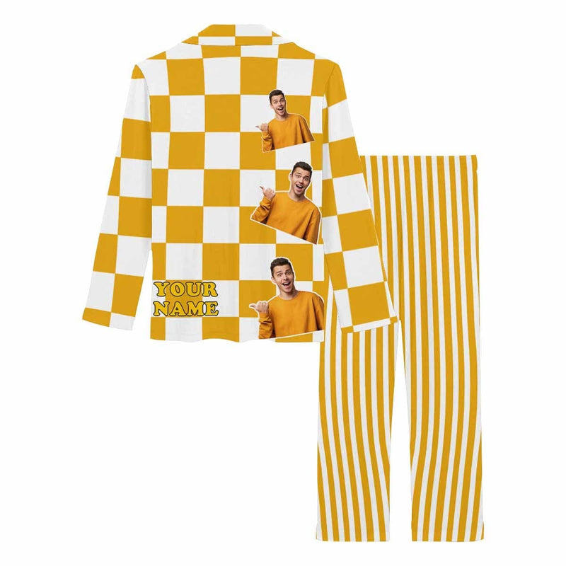 FacePajamas Pajama Custom My Boyfriend Name&Photo Pajamas Yellow Grid Stripe Sleepwear Personalized Women's Long Pajama Set