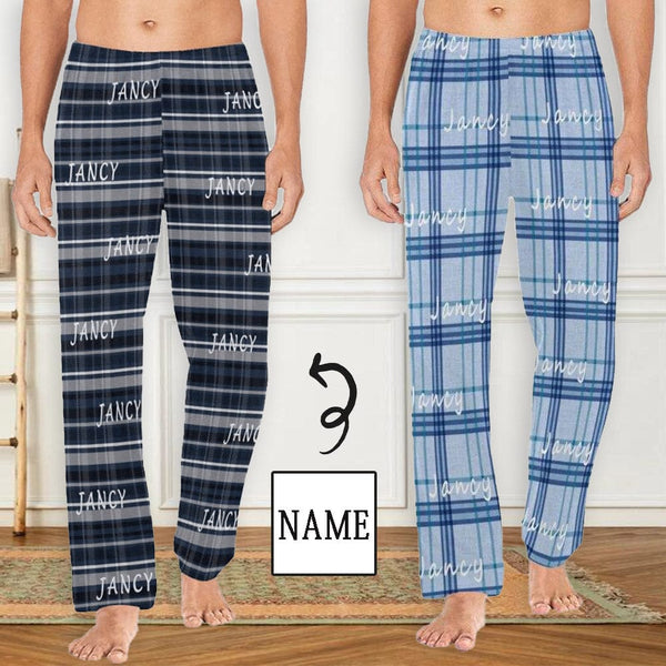 FacePajamas Pajama Shirt&Pants Custom Name Black&Blue Lattice Sleepwear Personalized Men's Slumber Party Long Pajama Pants