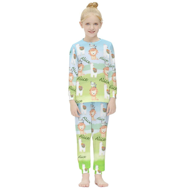 FacePajamas Pajama Custom Name Cartoon Animals Little Lion Kids Long Sleeve Pajamas Set