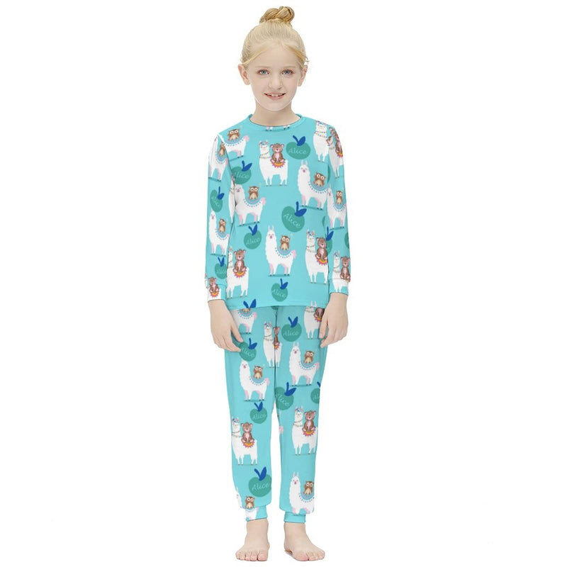 FacePajamas Pajama Custom Name Cartoon Animals Sleepwear Personalized Light Blue Kids Long Sleeve Pajamas Set