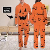 FacePajamas Custom Name Couple Pajamas Personalized Halloween Theme Custom Image Couple Matching V-Neck Long Sleeves Pajama Set