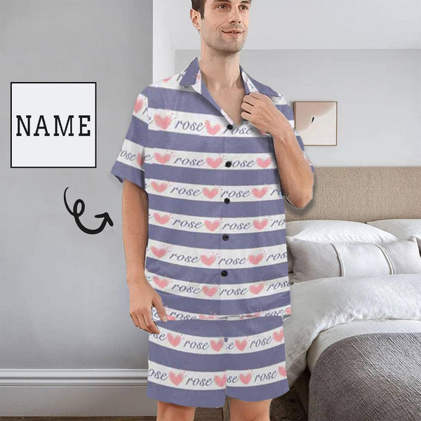 FacePajamas Pajama Custom Name Love Seamless Pajamas for Him Summer Loungewear Personalized Men's V-Neck Short Sleeve Pajama Set