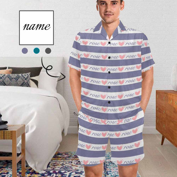 FacePajamas Pajama Custom Name Love Seamless Pajamas for Him Summer Loungewear Personalized Men's V-Neck Short Sleeve Pajama Set