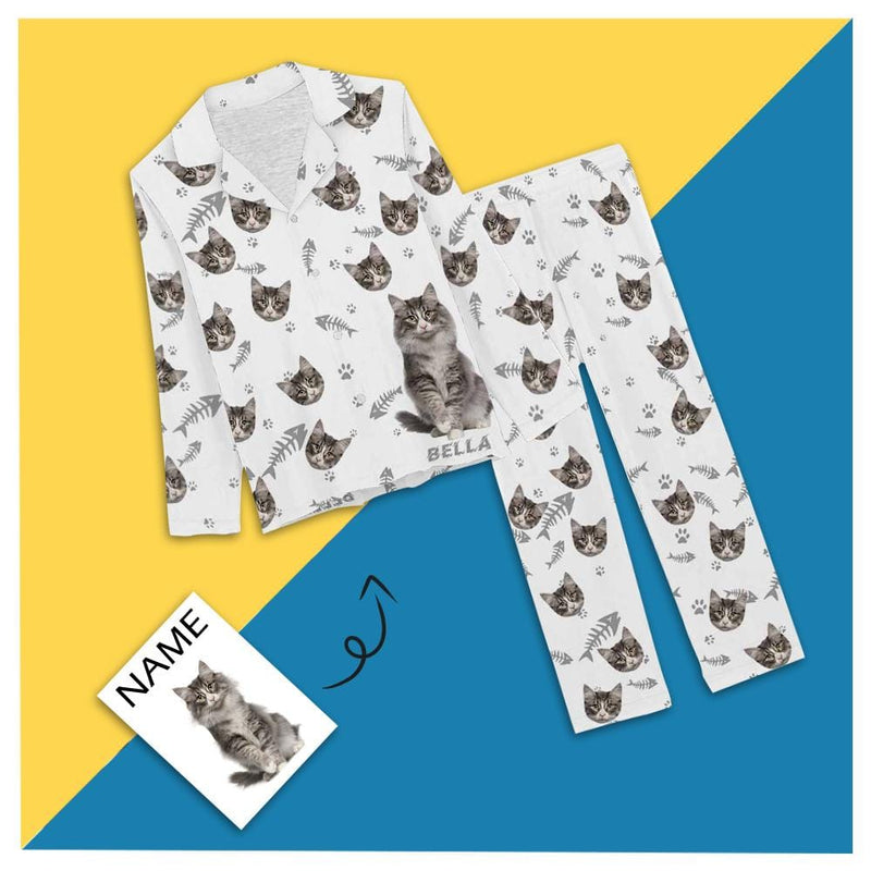 FacePajamas Pajama Custom Name&Photo Pajamas My Pet Cat Paw and Fish Bone Sleepwear Personalized Women's Long Pajama Set