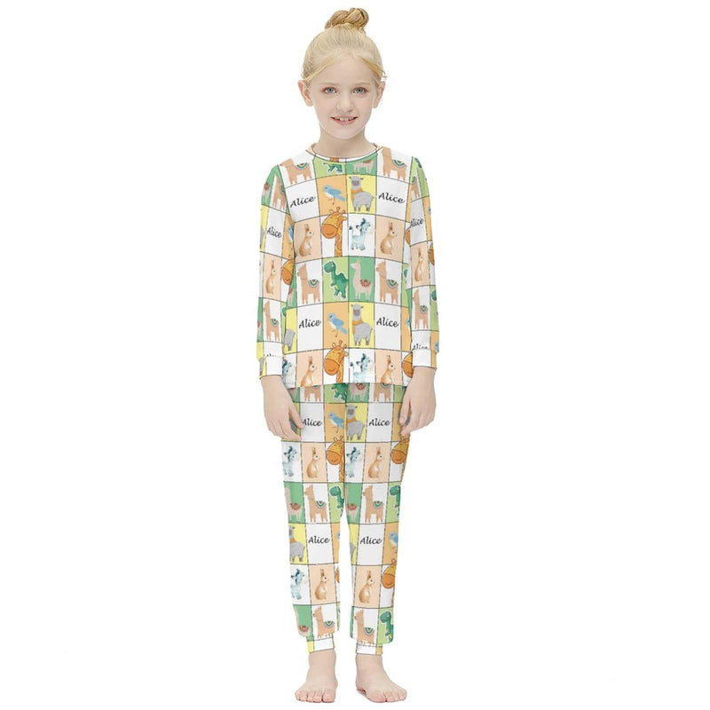 FacePajamas Pajama Custom Name Pjs Cartoon Animals Gird Sleepwear Personalized Kids Long Sleeve Pajama Set