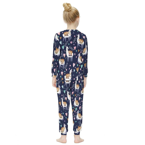 FacePajamas Pajama Custom Name Pjs Cartoon Animals Sleepwear Personalized Dark Blue Kids Long Sleeve Pajama Set