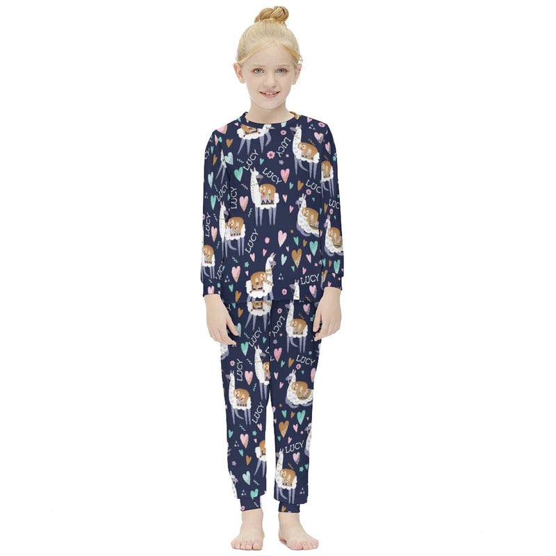 FacePajamas Pajama Custom Name Pjs Cartoon Animals Sleepwear Personalized Dark Blue Kids Long Sleeve Pajama Set