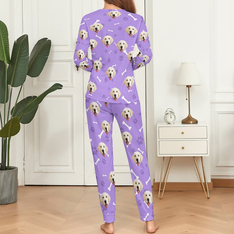 FacePajamas Pajama Custom Pet Dog's Face Bone & Footprint Sleepwear Personalized Women's Slumber Party Crewneck Long Pajamas Set