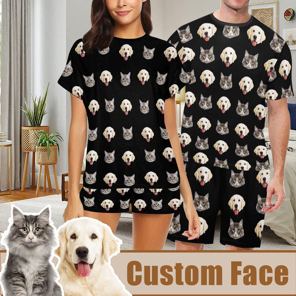 FacePajamas Pajama Custom Pet Face Couple Pajamas Personalized Dog&Cat Couple Matching Crew Neck Short Pajama Set