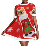 FacePajamas Christmas Dress-2ML-SDS Custom Pet Face Dog Socks Red Hat Snowflake Chrismas Nightdress Personalized Women's Christmas Dress Pajamas