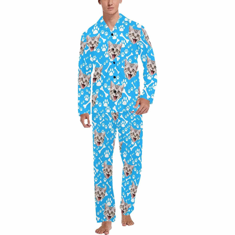 FacePajamas Pajama Custom Pet Face Lovely Cat Blue Black Persoanlized Sleepwear Men's Long Pajama Set