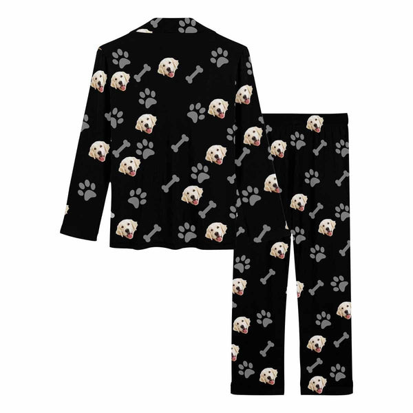 FacePajamas Pajama Custom Pet Face Pajamas Dog Paw Black Background Sleepwear Personalized Women's Long Pajama Set
