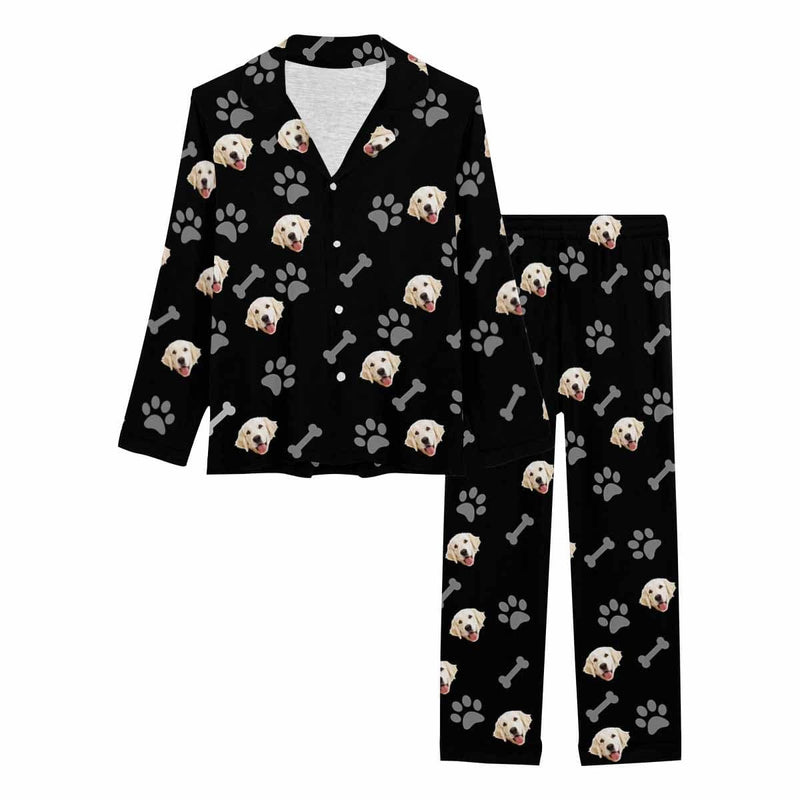 FacePajamas Pajama Custom Pet Face Pajamas Dog Paw Black Background Sleepwear Personalized Women's Long Pajama Set