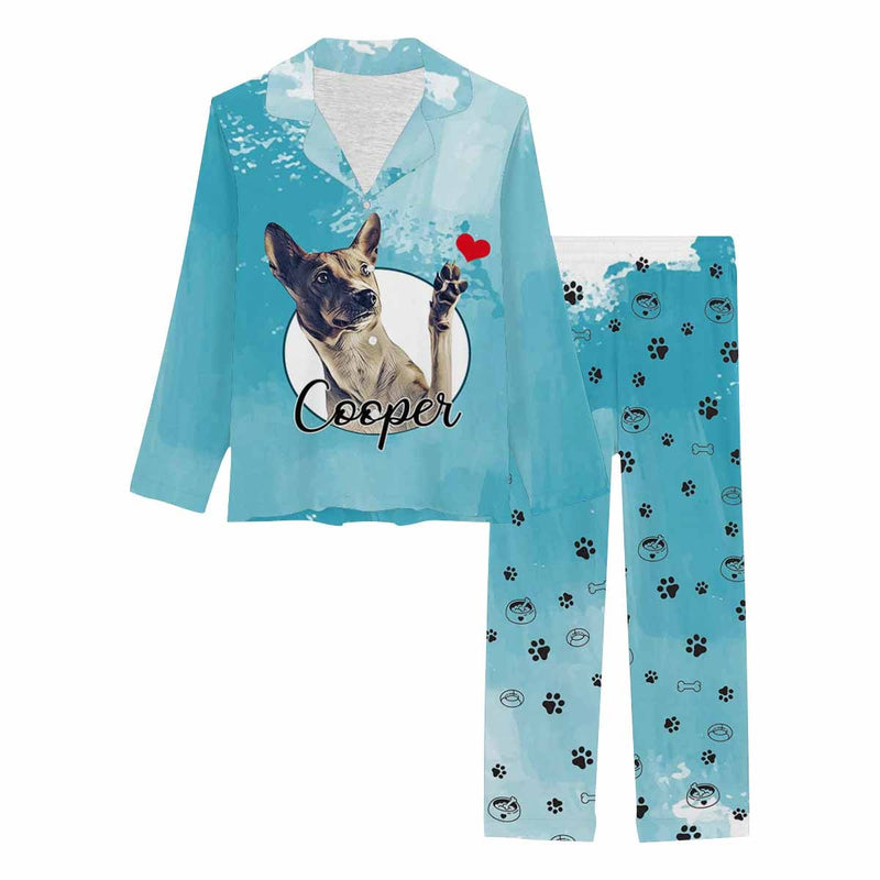 FacePajamas Pajama Custom Pet Photo & Name Pajamas Sleepwear Sky Blue Personalized Women's Slumber Party Long Pajama Set