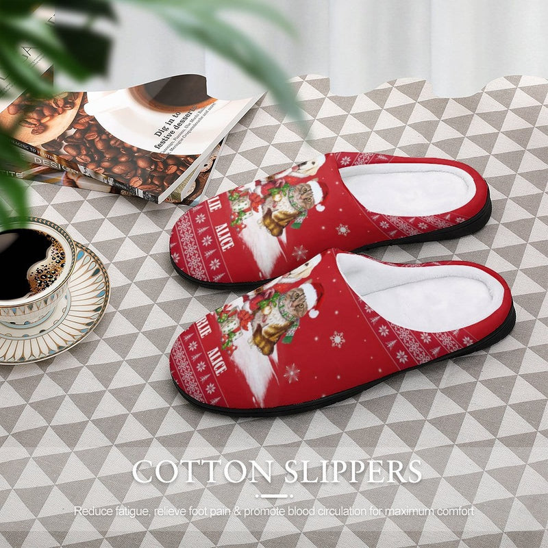 FacePajamas Slippers-2YX-SDS Custom Pet's Photo  & Name Christmas Hat Red All Over Print Cotton Slippers